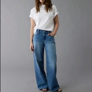 AMERICAN EAGLE Low-Rise Baggy Wide‎ Leg Distressed Denim Jeans Women's SZ 14S